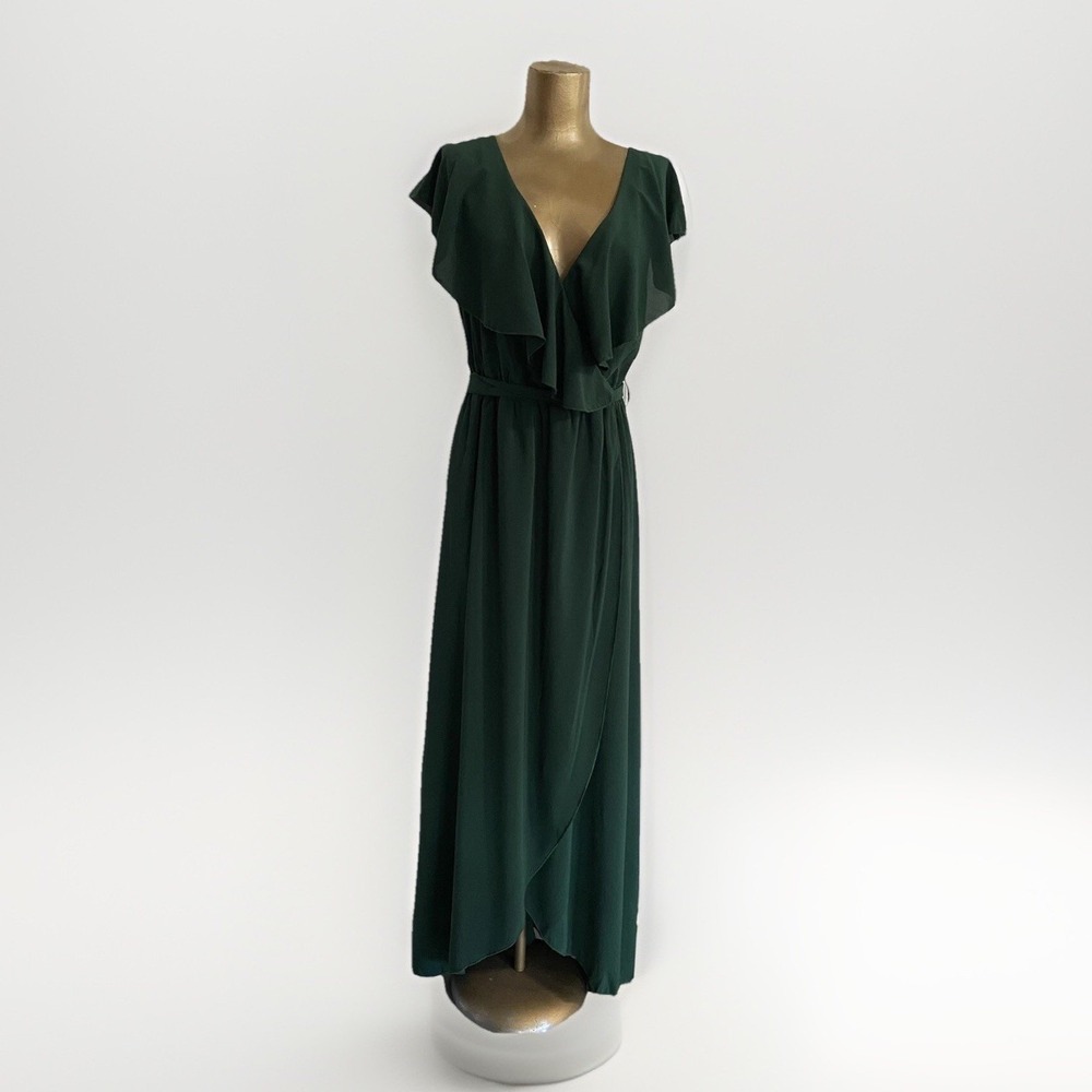 GeGeKoko Dark Green Women's V-neck Ruffle Long Dress Size Medium New With Tags.